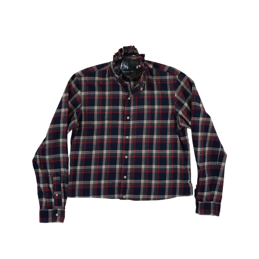 Ralph Lauren Ruffle Collar Shirt Top Blouse Womens Size Medium Plaid Custom Crop - Picture 2 of 7